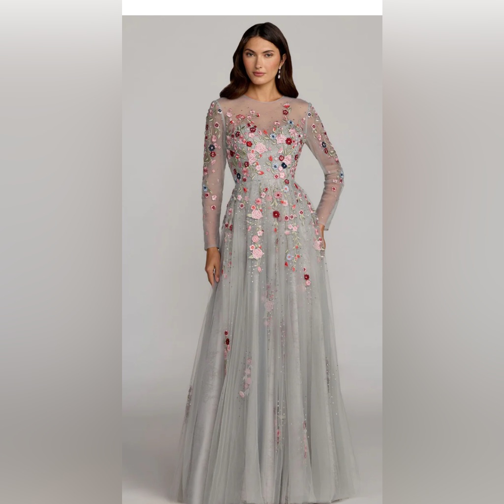 Mac Duggal 11241 Gray Embroidered Illusion High Neck Long Sleeve Gown Sz 6